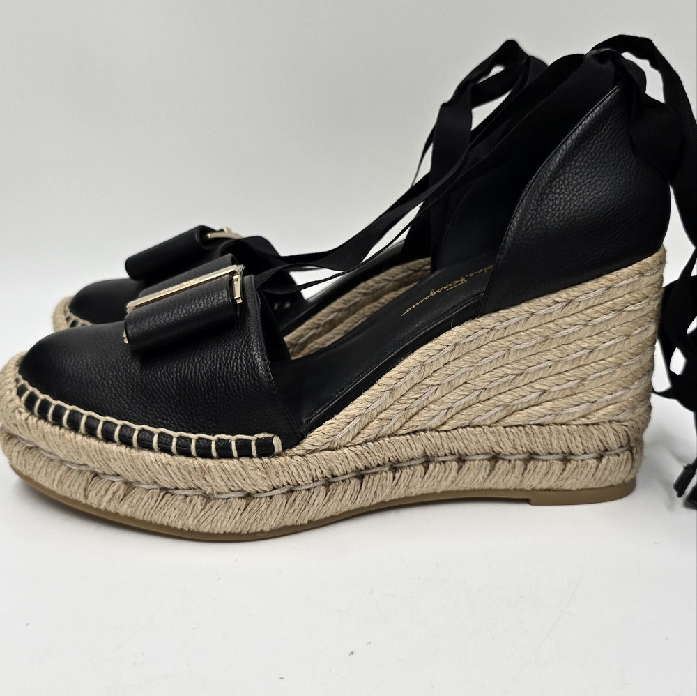 Black Espadrille Wedge Sandals with Ribbon Tie